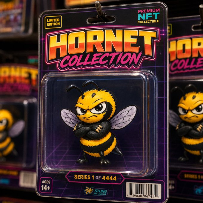 A collectible figurine in retro toy packaging labeled 'HORNET COLLECTION', 'Premium NFT Collectible', 'Limited Edition', 'Series 1 of 4444', featuring an angry-looking bee character with crossed arms.