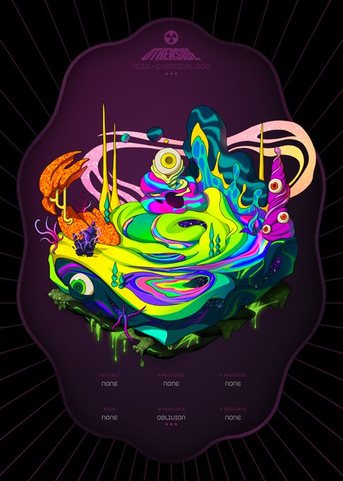 A vibrant psychedelic digital artwork titled 'CHERNOBYL 666' displaying a neon green and purple creature or swamp-like formation with various stats listed as 'none' (Accuracy, Hi-Res, Book, Hi-Res, X-Res).