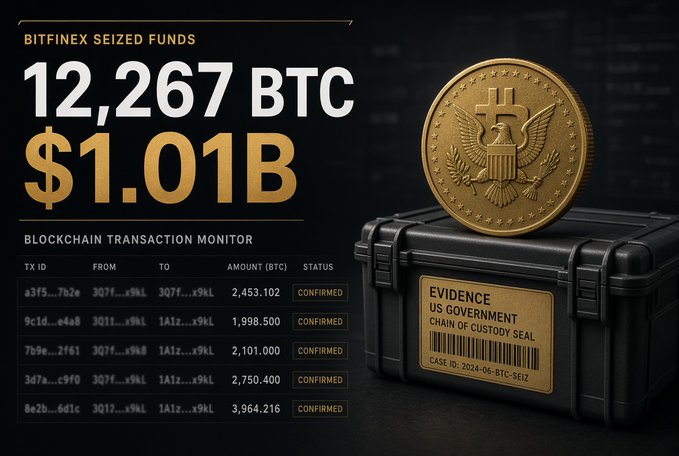 An infographic displays 'BITFINEX SEIZED FUNDS' totaling '12,267 BTC' and '$1.01B', alongside a blockchain transaction monitor and a black case with a gold seal marked 'EVIDENCE US GOVERNMENT CHAIN OF CUSTODY SEAL CASE ID: 2024-96-BTC-SEIZ'.