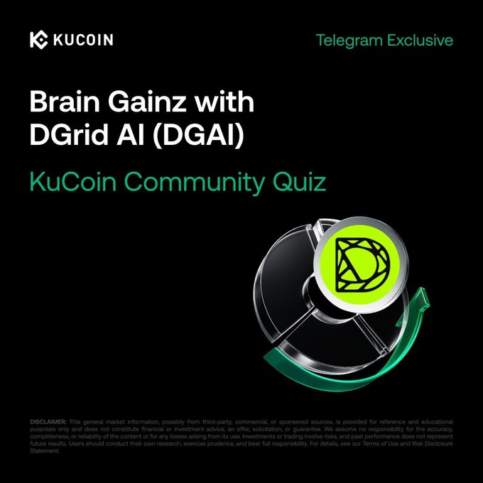 A KuCoin Telegram promotional graphic for the "Brain Gainz with DGrid AI (DGAI)" community quiz, featuring the green DGAI coin emblem alongside the event title, scheduled for September 4, 2026 at 10:00 AM UTC in the KuCoin Exchange Main Telegram Group.