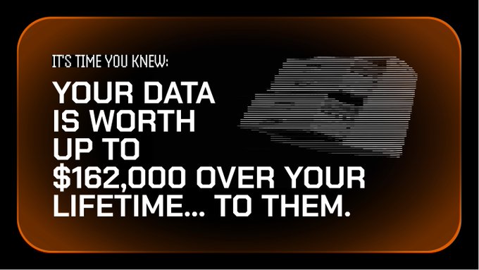 A dark promotional graphic with an orange border states 'IT'S TIME YOU KNEW: YOUR DATA IS WORTH UP TO $162,000 OVER YOUR LIFETIME... TO THEM.'