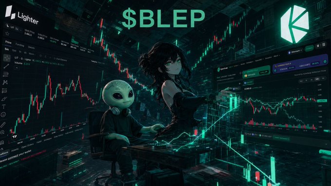 A stylized crypto-themed digital illustration showing an anime girl and a small alien character at trading terminals filled with red and green candlestick charts, with the text '$BLEP' and the Lighter logo visible.