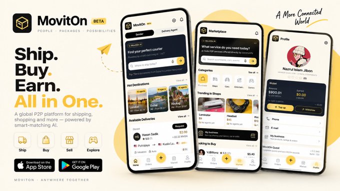 Promotional image for the 'MovitOn' app, a P2P shipping and shopping platform, displaying three phone screens and 'Ship. Buy. Earn. All in One.'