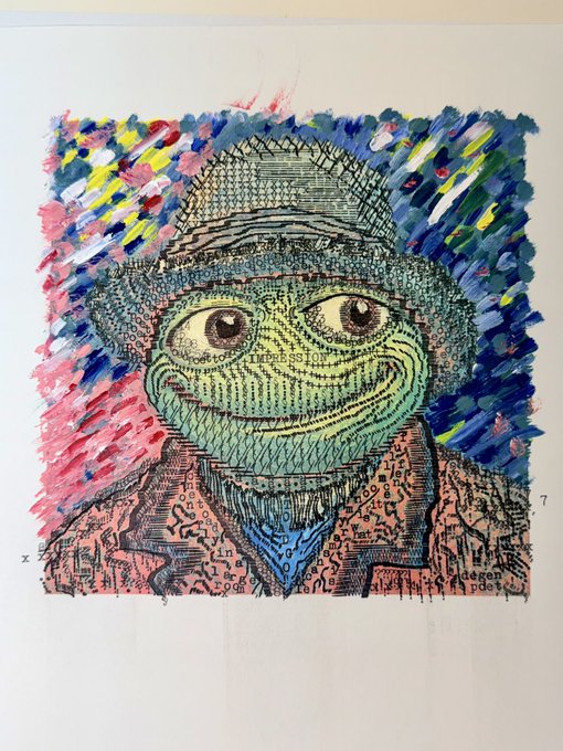 A mixed-media artwork depicts a green frog wearing a bucket hat and patterned shirt, rendered with intricate pen strokes and vibrant watercolor splashes of pink, blue, and yellow surrounding the figure. Partially visible text in the artwork includes "PRESS STOR," "SON," and "tot," suggesting collaged newspaper fragments, lending a chaotic, unavoidable media presence that aligns with the "inevitable" caption.