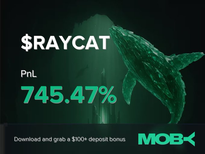 A Moby promotional graphic displays "$RAYCAT" with a PnL of "745.47%" in bold green text against a dark background featuring a large whale illustration, promoting a "$100+ deposit bonus" download offer that highlights the trader's exceptional gain.
