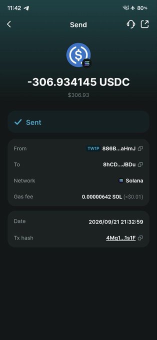 Cryptocurrency transaction confirmation showing -306.934145 USDC sent on the Solana network, dated 2026/09/21.
