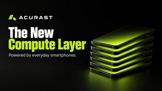 An advertisement for 'ACURAST' displays the text 'The New Compute Layer' and 'Powered by everyday smartphones' next to a stack of smartphones with glowing green screens.