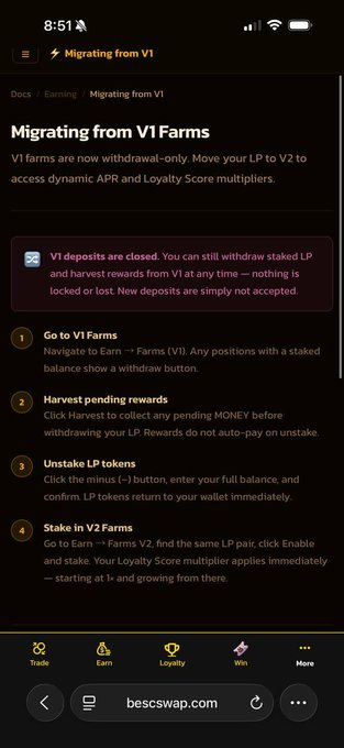 The image shows a phone screen with a message from a website called "bescswap.com" that says, "Make sure to move to farms v2 Intructions below or find at bescswap.com #besc". The text is in black and yellow colors on the screen.