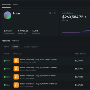 Screenshot of a Polymarket-style prediction platform dashboard for user 'Anon' showing a profit/loss of $263,584.72, positions value of $797.38, and four won bets on 'Bitcoin Up or Down' events on July 20.