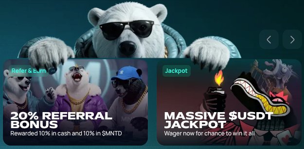 A promotional graphic features an animated polar bear wearing sunglasses above two panels: one advertising a '20% REFERRAL BONUS' (Rewarded 10% in cash and 10% in $MNTD) labeled 'Refer & Earn', and another promoting a 'MASSIVE $USDT JACKPOT' labeled 'Jackpot'.