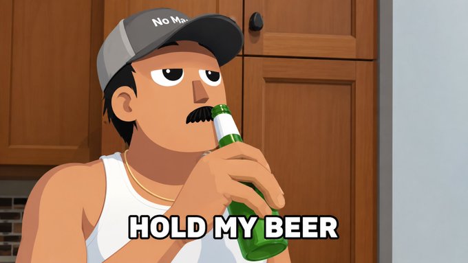 An animated cartoon character wearing a cap that reads 'No Ma...' and a tank top drinks from a green beer bottle, with the caption 'HOLD MY BEER' below him.