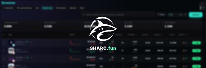 A logo for 'SHARC.fun' featuring a stylized white shark icon is displayed over a blurred background of a trading interface.