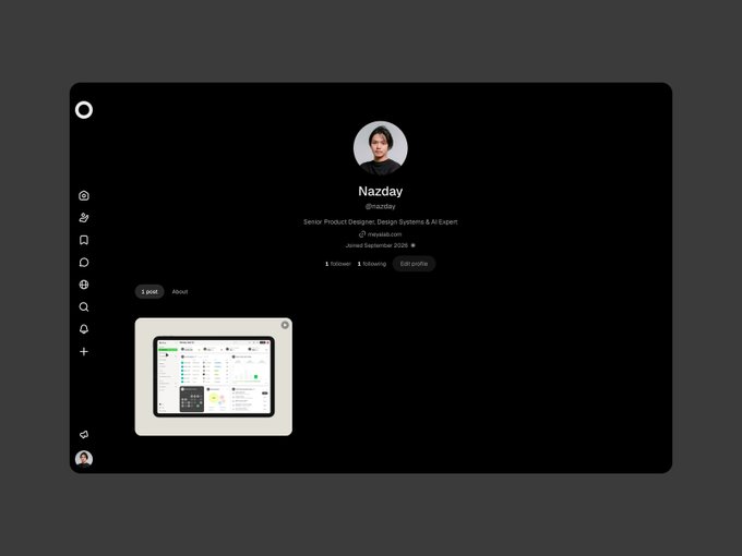 A social media profile page for 'Nazdav' (@nazdav), a Senior Product Designer, Design Systems & AI Expert at crossbeam, joined September 2024, with 6 followers and 6 following.