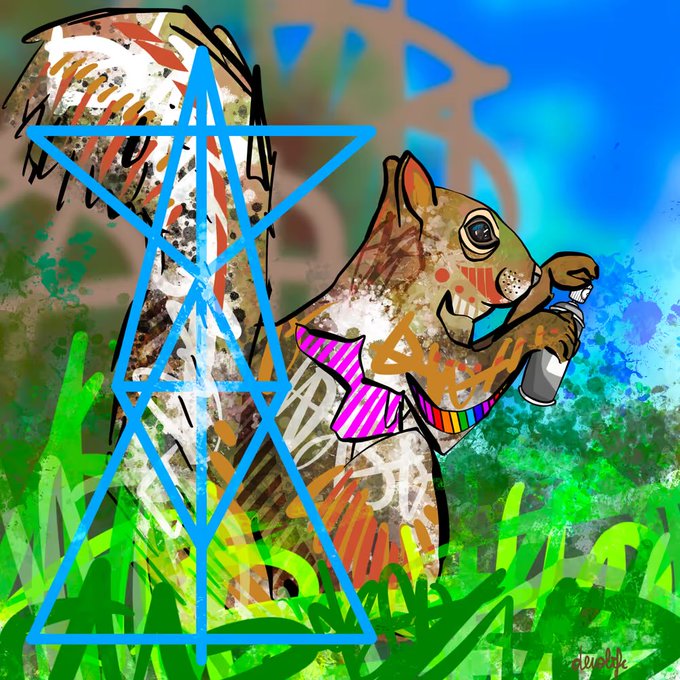 A vibrant digital artwork of a squirrel wearing a pink striped bow tie, surrounded by green grass, abstract brown patterns, and a large blue geometric star/shape overlay.