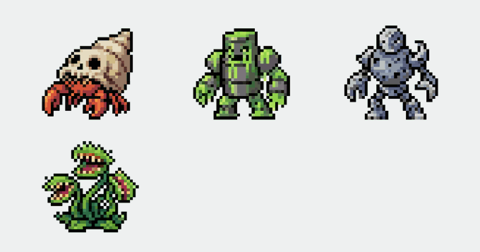 Pixel art sprites showing four video game enemies: a crab-like creature, a green-armored knight, a blue-armored knight, and a green plant monster.