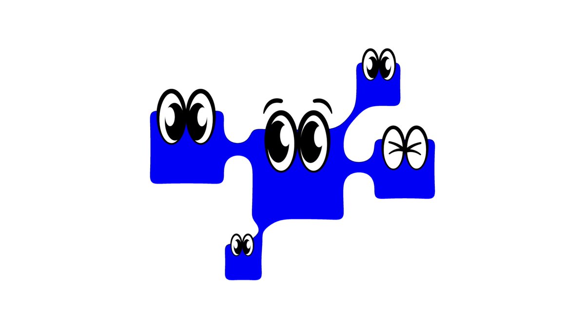 The image features a cartoon blue character with big eyes, possibly a robot or a computer screen, surrounded by smaller blue squares that are also cartoon characters. The larger character has four eyes while the smaller ones have two. The background of the image is white, which contrasts with the blue color of the character and squares. There is no text present in the image.