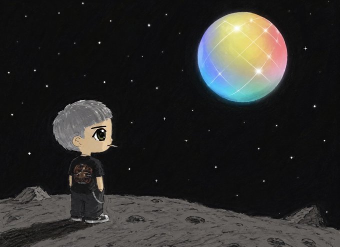 A digital illustration depicts a gray-haired chibi-style boy standing on a barren, moon-like landscape and gazing up at a large, iridescent rainbow sphere set against a starry black sky.