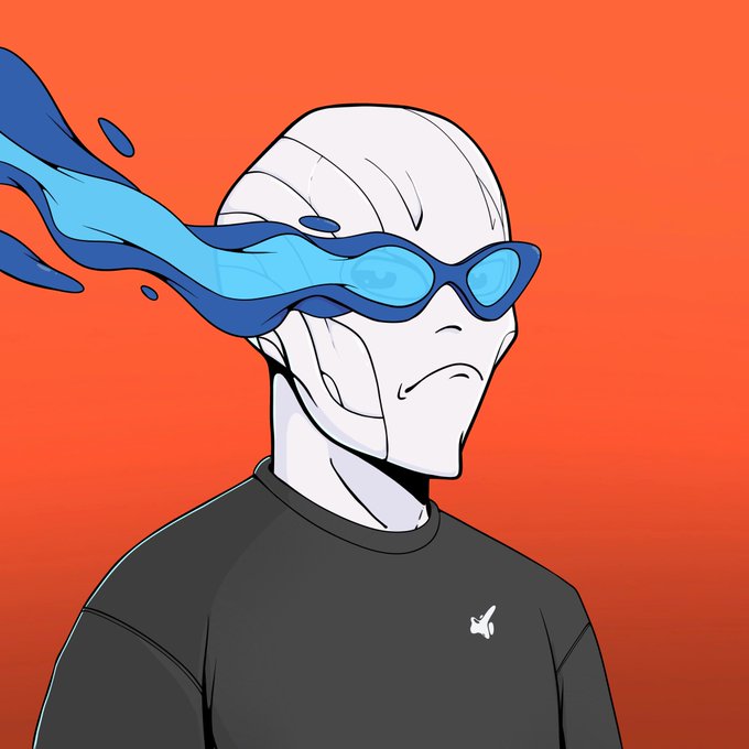 The image features a man wearing sunglasses, a black shirt, and goggles with blue splatters coming out of them. He has a sad expression on his face as he looks directly at the camera. The background is an orange color that contrasts with the man's attire. There are no other objects or texts in the image, making it a simple yet striking composition.