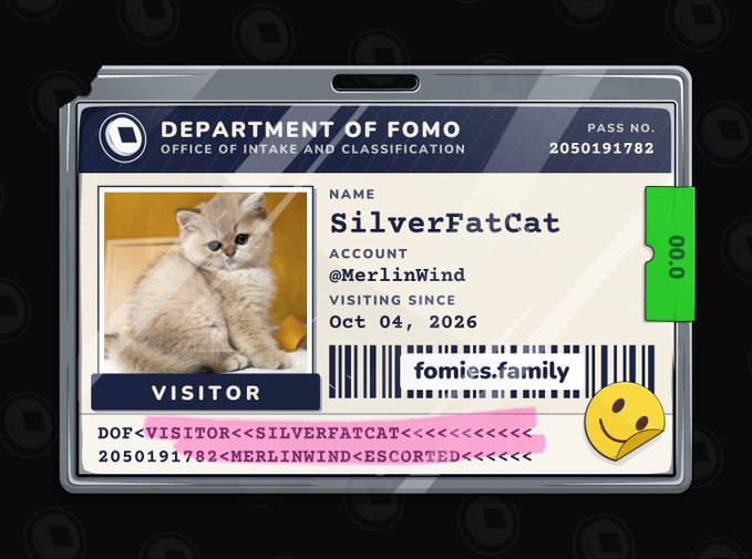 Digital ID badge illustration for the "DEPARTMENT OF FOMO, OFFICE OF INTAKE AND CLASSIFICATION" with name "SilverFatCat," account "@MerlinWind," and a photo of a fluffy cat.