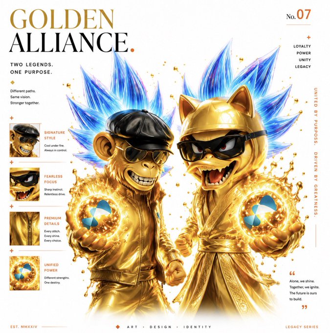 The image features two cartoon characters, a monkey wearing a gold outfit and sunglasses, holding a golden ball with a smile on their face. The text above them reads "Golden Alliance", which suggests that they are promoting an event or product related to the Golden Alliance concept.