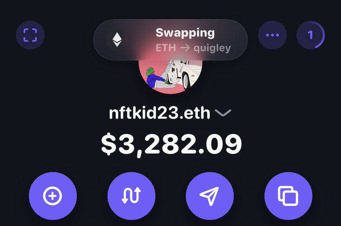 A crypto wallet interface shows a swap from ETH to 'quigley' for the user 'nftkid23.eth' with a balance of $3,282.09 displayed.