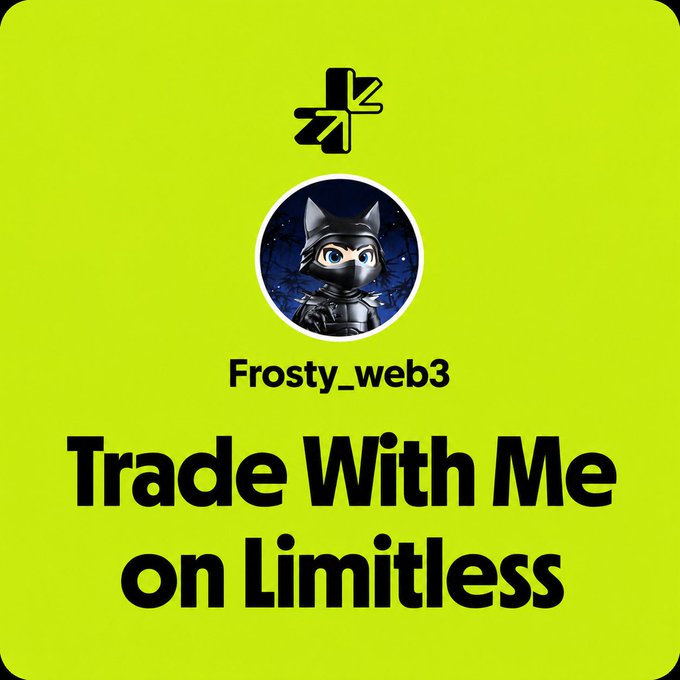 A bright green promotional graphic for 'Frosty_web3' with a cartoon ninja avatar, encouraging viewers to 'Trade With Me on Limitless'.