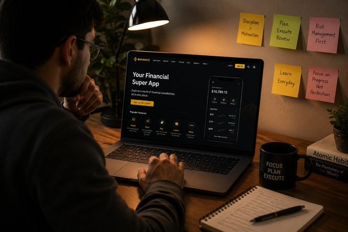 A man works at a laptop displaying the "Binance" finance app with "Your Financial Super App" prominently shown alongside a balance of "$16,789.12," surrounded by motivational sticky notes like "Plan Execute Review," "Focus on Progress Not Perfection," and a "FOCUS PLAN EXECUTE" coffee mug. The image illustrates the post's point about valuing integrated financial tools—showing a single hub where trading, payments, and portfolio management work seamlessly together rather than requiring users to juggle multiple apps.