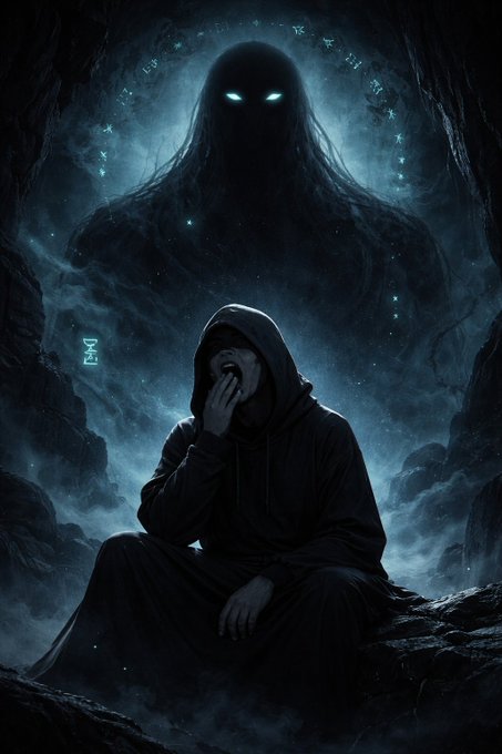 The image features a man sitting on a rock, with his head turned towards another person standing behind him. The person behind him has a large head and appears to be wearing a hooded sweatshirt or jacket. The background of the image is dark and filled with smoke, giving it an ominous atmosphere. The caption for this image reads: "Most projects scream for attention. I'M over here yawning while ancient presence loads. Faceless. Unbothered. Slightly bored. #Memecoin #Crypto #Solana".