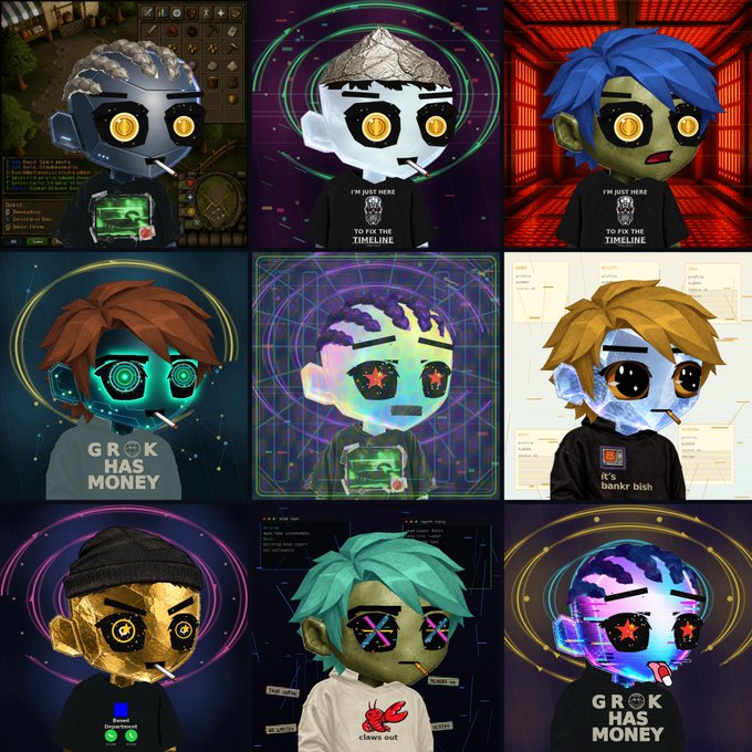 The image shows a 3x3 grid of nine stylized cartoon avatar NFTs, each featuring unique characters with coin eyes, smoking cigarettes, and wearing branded shirts reading "I'M JUST HERE TO FIX THE TIMELINE," "GROK HAS MONEY," and "it's banker bish." The post suggests the creator is amused that someone may be copying or leaking designs from their project, as these distinctive AI-generated avatars appear to match a specific team's collection style.