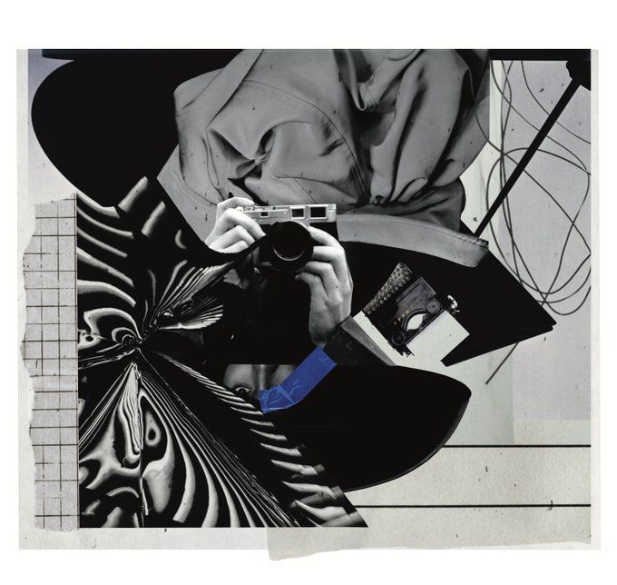 A surreal black-and-white collage featuring a person holding a camera, overlaid with abstract swirling patterns, a rifle, and a small patch of blue, arranged in a fragmented artistic composition.