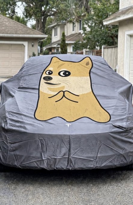 A humorous photo of a car covered with a gray cover featuring a large illustration of the popular 'Cheems' doge meme with its paws clasped together, parked in a driveway.