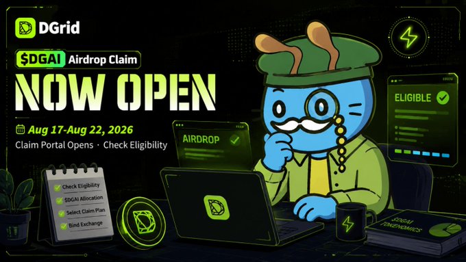 A promotional graphic for 'DGrid $DGAI Airdrop Claim NOW OPEN' from Aug 17-Aug 22, 2026, featuring a cartoon blue character with a mustache at a laptop, with checklist items for Check Eligibility, $DGAI Allocation, Select Claim Plan, and Bind Exchange.