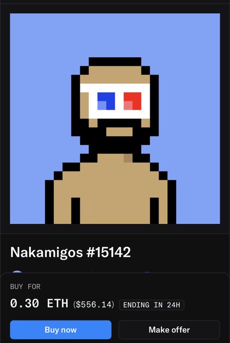 A digital NFT marketplace listing displays a pixelated character wearing a VR headset, titled 'Nakamigos #15142', priced at 0.30 ETH ($556.14) with 24 hours remaining.