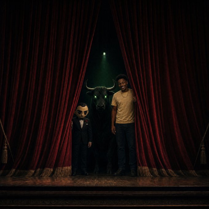 A young man and an owl-headed figure in a suit part deep red theatrical curtains, revealing a shadowy bull with glowing green eyes standing behind them on a dimly lit stage. The image visually echoes the "GM Bulls!" greeting and the reveal of a bullish symbol (the bull) waiting behind the curtain, aligning with $ANSEM's cryptic teaser of an upcoming show or announcement.