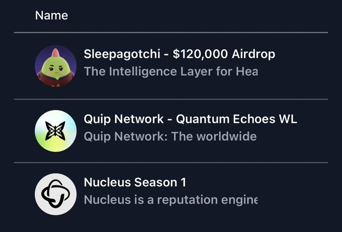 The image shows a list of three different posts, each with their own name displayed at the top. The first post has a title that reads "Sleeping Bagotchi", followed by an image of a green frog character. The second post is titled "Quip Network" and features an image of a butterfly character. The third post is titled "Nucleus Season 1" with an image of a butterfly character as well. These posts are arranged in a row, with the first post at the top followed by the other two posts below it.