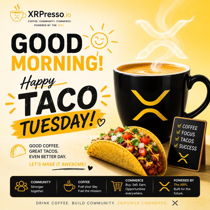 The image features a large black coffee cup with a yellow design, accompanied by a picture of a taco. The text "Good morning! Happy taco Tuesday!" is displayed above the cup, while the words "Coffee? Check." are below the cup. The poster also includes a small sign that reads "Coffee? Check. Tacos? Check. Goals? Let's crush them!".