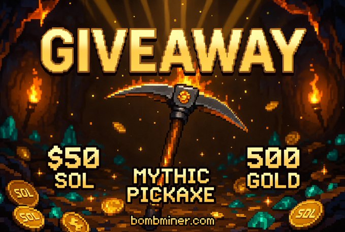 A pixel art-style promotional image for a "BOMB MINER GIVEAWAY" featuring a central Mythic Pickaxe in a cavern setting with gold coins and gems, advertising prizes of $50 SOL, a Mythic Pickaxe, and 500 Gold, with the website bombminer.com displayed at the bottom.