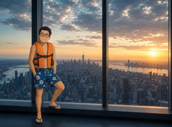 An illustration of a young man wearing glasses, an orange life vest, blue floral swim trunks, and flip-flops standing in front of a large window overlooking a city skyline at sunset.