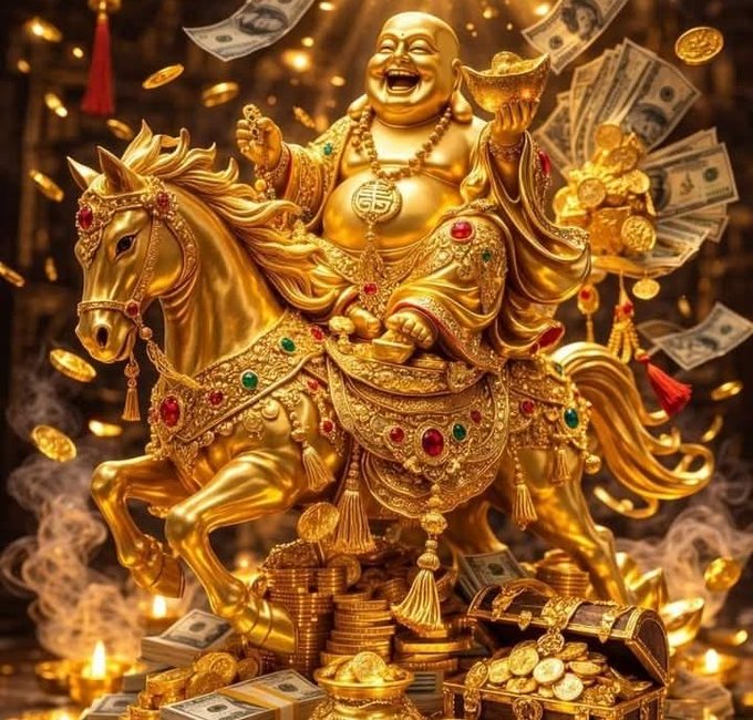 A golden statue of a laughing Buddha riding a horse adorned with gems, surrounded by flying gold coins, dollar bills, and a treasure chest, symbolizing wealth and prosperity.