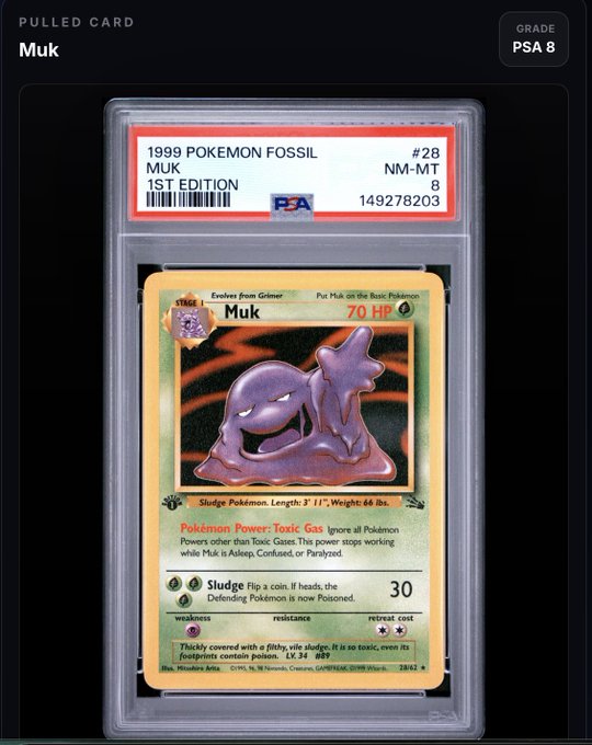 A PSA 8 graded 1999 Pokemon Fossil 1st Edition Muk trading card, card #28, displaying 70 HP and the Toxic Gas Pokemon Power.