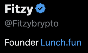 A social media profile card for "Fitzy" (@Fitzybrypto), Founder of Lunch.fun, featuring a blue verified checkmark next to the name. The image pairs with a caption joking about a "new bio" and transitioning from "retard to professional retard," playfully highlighting the self-deprecating humor about updating his profile while remaining self-aware about his Twitter presence.