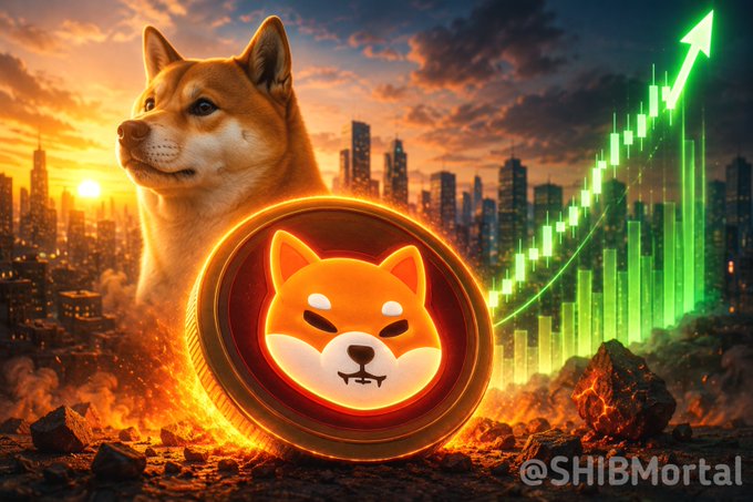 A promotional image features a Shiba Inu dog next to a SHIB cryptocurrency coin and a rising green chart, watermarked '@SHIBMortal'.