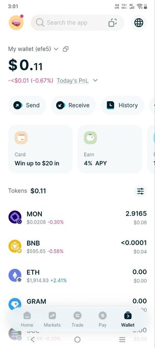 A mobile cryptocurrency wallet app screen shows a balance of '$0.11' and lists token holdings including MON, BNB, ETH, and GRAM, with a 100% battery level shown at the top.