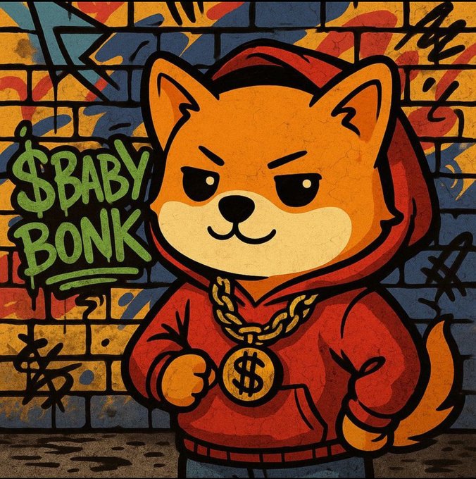 A street art-style illustration of an orange Shiba Inu dog wearing a red hoodie and gold chain with a dollar sign medallion, labeled '$BABY BONK' against a colorful graffiti brick wall.