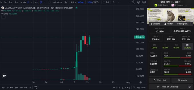 A TradingView chart of $CASHCAT/USDT showing a massive price spike from near zero to $191.74M market cap, with the caption mocking CT users for "gravedancing" yesterday as the token rockets to a new ATH.