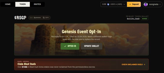 A cryptocurrency website for '$RSGP' token by songnata, showing a 'Genesis Event Opt-In' with a green 'OPTED IN' button and a note about $140K in unclaimed Blast Duel Arena stakes.