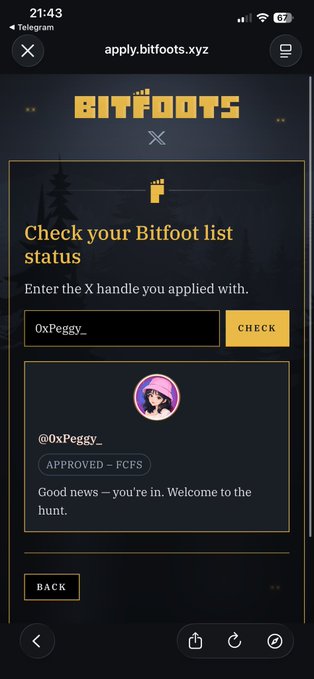 A mobile screenshot of the "BITFOOTS" website showing a successful whitelist application for "@OxPeggy_" with the message "APPROVED - FCFS".