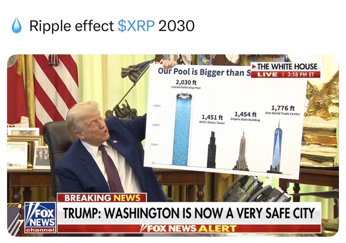 The image features a man sitting at a desk with a poster of a bar graph behind him, which shows the growth of Ripple effect XRP over time. The text "Ripple effect $XRP 2030" is also present on the poster. This suggests that the man might be discussing or analyzing the growth and impact of Ripple effect XRP in relation to the post's title.