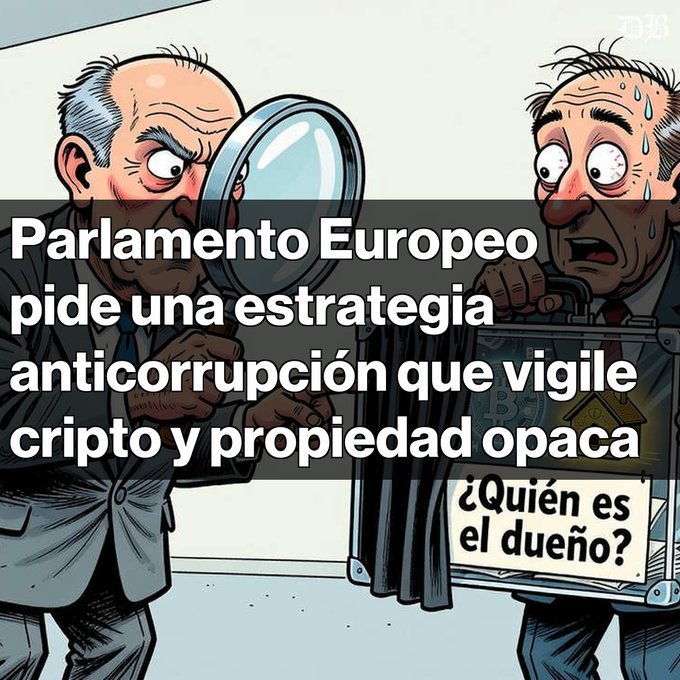 An illustration showing two men - one examining a briefcase with a magnifying glass while another sweats with the briefcase - with Spanish text reading 'Parlamento Europeo pide una estrategia anticorrupción que vigile cripto y propiedad opaca' and '¿Quién es el dueño?'.