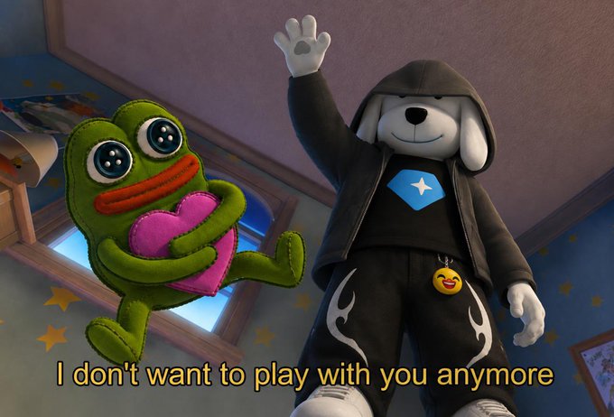 A digital illustration of a dog-like character in a black hoodie waving alongside a green frog character holding a heart, with text reading 'I don't want to play with you anymore.'
